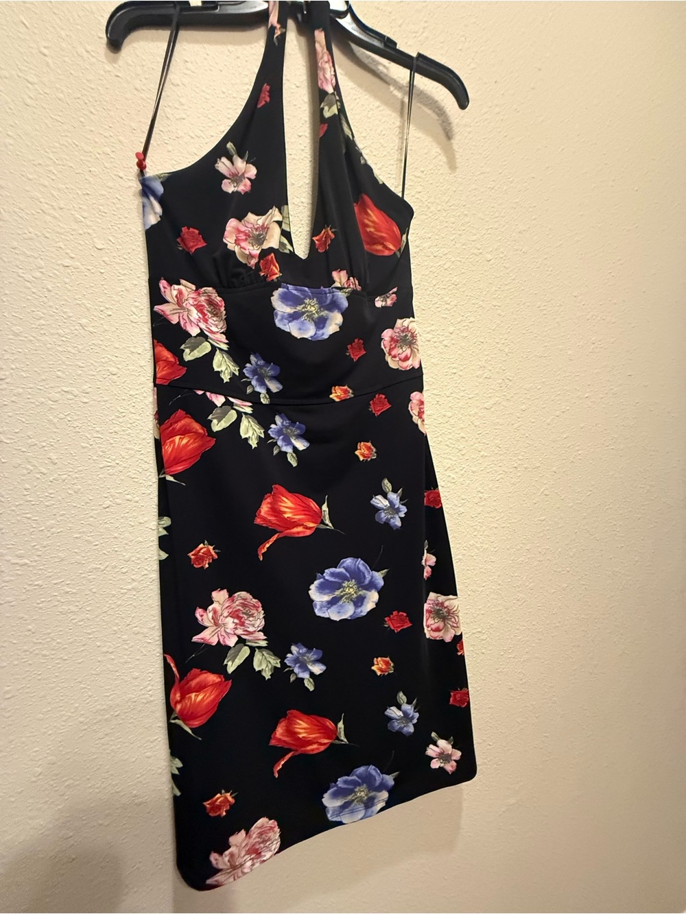 ABS Allen Schwartz Black Floral Halter Mini Dress with Red & Blue Blooms